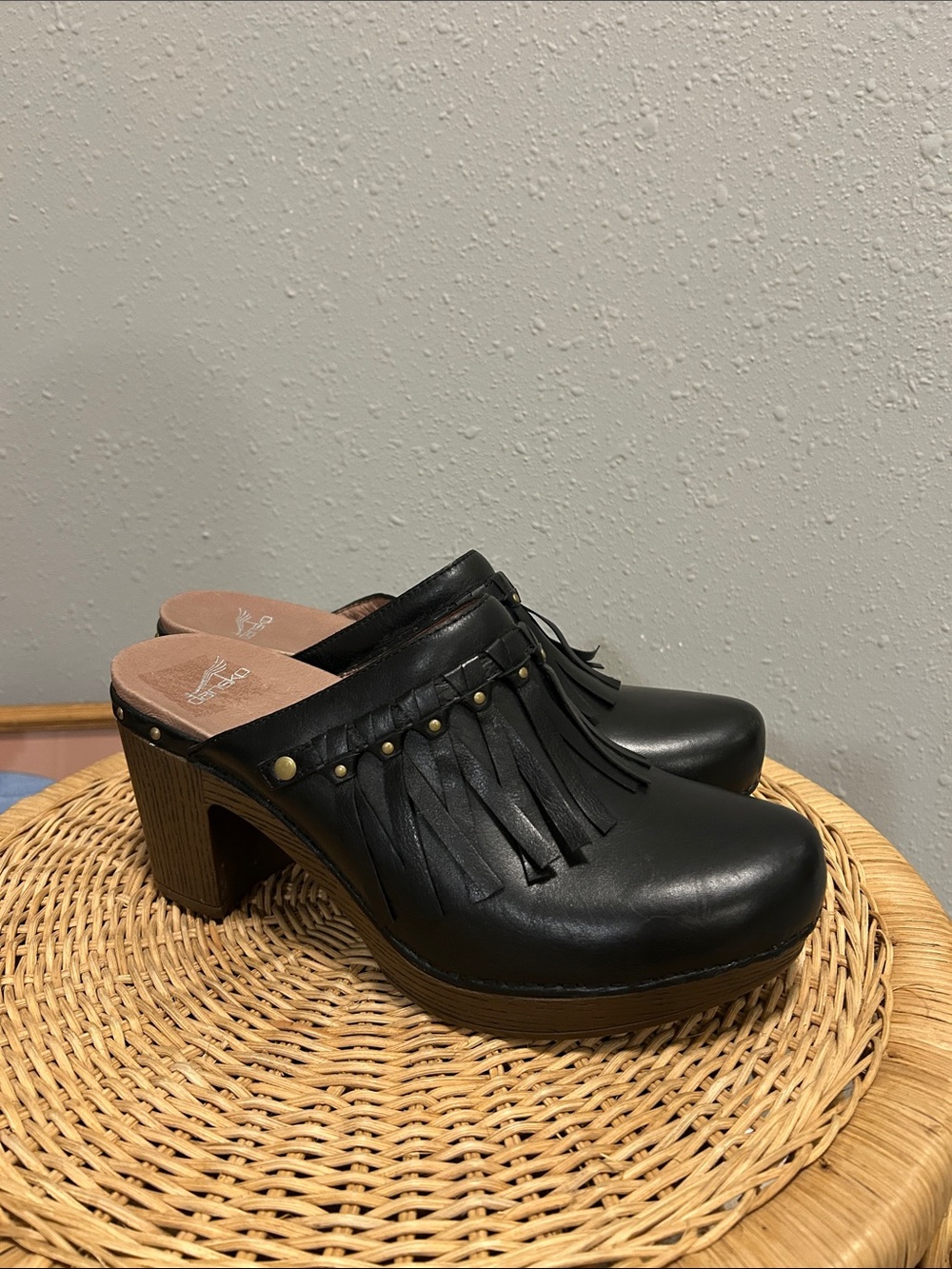 Dansko Deni Clog Tassel Black Leather Heeled Mule